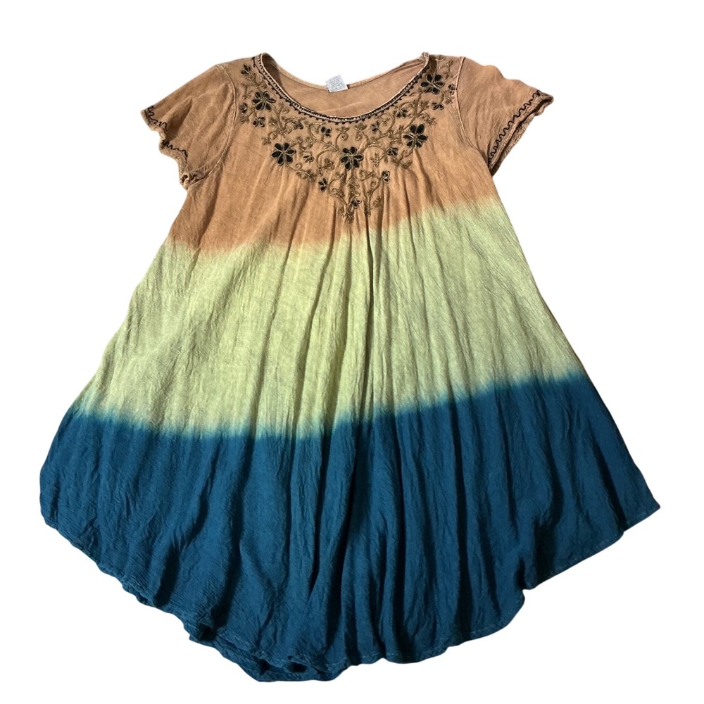 Shoreline Boho Embroidered Tunic Dress Womens Free Size Blue Brown Dip Dye Flowy